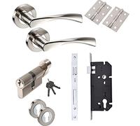 Golden Grace Cadenza Bathroom Door Handle, Satin Nickel/Polished Chrome | Complete set with Euro lock body, barrel lock, 3 keys, escutcheons, butt hinges, and all fixing screws for quick security.