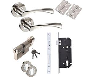 Golden Grace Cadenza Bathroom Door Handle, Satin Nickel/Polished Chrome | Complete set with Euro lock body, barrel lock, 3 keys, escutcheons, butt hinges, and all fixing screws for quick security.