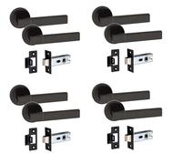Golden Grace Capri Door Handles on Rose 2.5" Latch, Matt Black Finish | Four-pair metal multipack withstands daily use in high-traffic areas, supplied with a 52mm round cover for a tidy look.
