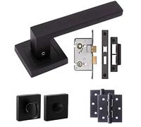 Golden Grace Delta Bathroom Door Handles with Mortise Lock, Bathroom Set | Includes fixing screws, matching thumbturn, and ball bearing hinges with a square rose backplate in matte black.