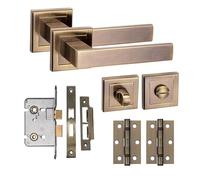 Golden Grace Delta Design Square Rose Bathroom Door Handle Set Thumbturn and Mortise Lock BB Hinges Antique Brass