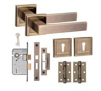 Golden Grace Delta Design Square Rose Door Handle Lock Set 3 Lever Mortise Lock Bb Hinges Antique Brass