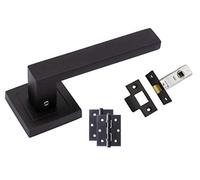 Golden Grace Delta Door Handles Latch & Hinges Set, Matte Black, 1 Pair | Square rose backplate conceals fixings for a tidy look, supplied with ball bearing hinges and tubular latch.