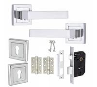 Golden Grace Delta Door Handles Lock Set, Polished Chrome Finish | Includes 2 keys, 3-lever lock, matching keyhole escutcheons and 1 pair of ball bearing hinges for full setup.