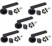 Golden Grace Delta Door Handles on Round Rose in Stunning Matt Black Finish Complete with 1 Pair of 3" Ball Bearing Hinges & 45mm Black Tubular Latch - 5 Sets