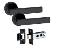 Golden Grace Delta Door Handles on Round Rose, Matt Black Finish | Includes a 2.5-inch tubular latch for quick setup, supplied as a pair with 52mm diameter metal backplates.