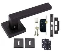 Golden Grace Delta Lock Door Handles Set on Square Rose in Stunning Matte Black Finish Complete with 1 Pair of Ball Bearing Hinges, Mortise Lock & Matching Keyhole Escutcheon