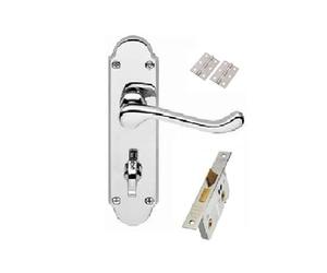 Golden Grace Epsom Design Victorian Scroll Bathroom Door Handles on Shaped Backplate in Polished Chrome with Bathroom Mortise Lock Set with 1 Pair of 3" Hinges - 170mm X 40mm