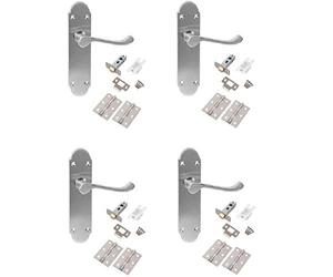 Golden Grace Epsom Design Victorian Scroll Door Handles on Shaped Backplate in Brushed Satin Chrome with Hinges and Latches, 4 Sets