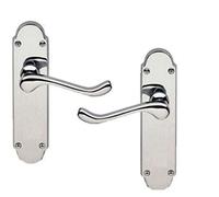 Golden Grace Epsom Door Handles on Shaped Backplate Lever, Polished Chrome | Includes spindle and screws for hassle-free installation on a 168mm x 40mm backplate, offering a Victorian scroll design.