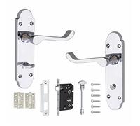 Golden Grace Epsom Scroll Door Handles Bathroom Set, Polished Chrome | Includes 3-inch ball bearing hinges, 64mm mortise lock, and handles to fully equip a wooden bathroom door.