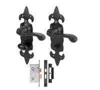 Golden Grace Fleur De LYS Bathroom Handles 64mm Lock, 1 Pair, Black | Includes spindle, fixing screws and thumbturn with coin release for quick setup and reliable home privacy.