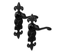 Golden Grace Fleur De LYS Door Handles, Black Antique Latch Set, 1 Pair | Supplied with spindle and fixing screws. Ornate 195mm x 42mm backplates offer a rustic look on traditional cottage doors.