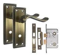 Golden Grace Georgian Bathroom Door Handle & 2.5" Mortise Lock | Warm antique brass finish with elegant beaded edge design, 150mm x 48mm metal backplate, spindle and screws included.