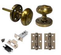 Golden Grace Georgian Door Knob Set with Latch & Hinges, Antique Brass