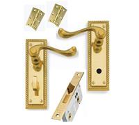 Golden Grace Georgian Handle Set, 64mm Lock, 3" Hinges, Polished Brass | Complete with spindle, screws, face plate, and strike plate for smooth installation; backplates measure 148mm x 40mm.