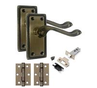 Golden Grace Georgian Latch Door Handles, Antique Brass 1 Pair | Includes 2.5in tubular catch, ball bearing hinges, spindle and screws. Durable zinc alloy with a 107x48mm beaded edge.