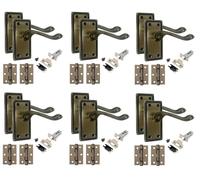 Golden Grace Georgian Latch Door Handles, Antique Brass 6 Pair | Includes 107x48mm backplate, 2.5" tubular latch, ball bearing hinges, spindle, and wood screws for quick installation.