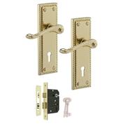 Golden Grace Georgian Lever Lock Door Handle Set, 150x48mm Polished Brass | Includes a 64mm 3-lever mortise lock, spindle, screws, and keys for a complete, secure installation on interior doors.