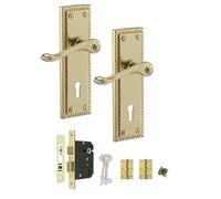 Golden Grace Georgian Lever Lock Handle Set, 150x48mm Polished Brass | Complete lock kit includes 64mm 3-lever sash lock, 2 keys, 3-inch butt hinges, spindle, and matching screws for quick setup.
