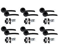 Golden Grace Indiana Design Door Handles on Round Rose in Matt Black Finish with 2.5" Tubular Latch, 6 Pairs - 52mm Diameter