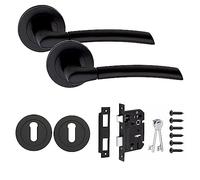 Golden Grace Indiana Door Handles with 64mm Mortise Lock Set, Matt Black | Includes 3-lever lock, matching keyhole escutcheons, spindles, and screws for a complete, secure installation on any door.