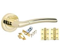 Golden Grace Indiana Door Handles with Latch & Hinges, Polished Brass | Complete with 3-inch ball bearing hinges and a 63mm tubular latch, offering a reliable grip for interior doors.