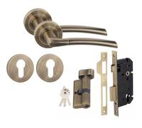 Golden Grace Indiana Euro 70mm Thumbturn Door Handle Set, Antique Brass | Includes key, matching euro profile escutcheon, and antique brass T-bar handles on a rose base for a complete set.
