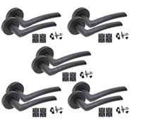 Golden Grace Indiana Lever Latch Door Handles, Matt Black Finish, 5 Pairs | Supplied complete with matching ball bearing hinges, 64mm tubular latches, spindle, and screws for quick installation.