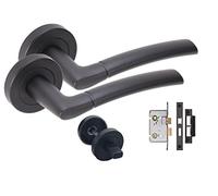 Golden Grace Indiana Lever Latch Door Handles on Rose, Matt Black Finish | Includes 64mm bathroom mortise lock, thumbturns, spindle and fixing screws; sturdy metal construction for privacy doors.