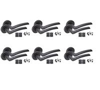 Golden Grace Indiana Lever Latch Handles on Rose, Matt Black Finish | Includes 64mm tubular latches, spindle, matching ball bearing hinges, and screws for complete, immediate installation.