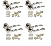 Golden Grace Indiana Style Modern Chrome Door Handles on Rose with Duo Finish Door Lever Latch Pack with Ball Bearing Hinges and 64mm Tubular Latch or Bathroom Set or Lock Set (4 Sets)