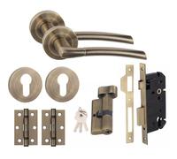 Golden Grace Indiana Thumbturn Door Handle Set, Antique Brass | Antique brass finish with sleek T-bar design; includes 3-inch ball bearing hinges, euro escutcheon, and 9-inch lock body.