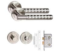 Golden Grace Knurled Bathroom Door Handle, Satin Nickel Bathroom Set | Includes spindle, screws, thumbturn and mortise lock. Distinctive diamond-cut T-bar levers mount on a 52mm round rose.
