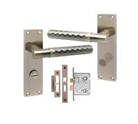 Golden Grace Knurled Bathroom Door Handle Set, Antique Brass | Includes 2.5-inch mortise lock, spindles, and screws for quick setup. T-bar design features a classic plain edge.