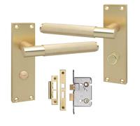 Golden Grace Knurled Bathroom Door Handle Set, Satin Brushed Brass | Supplied with a 2.5 inch mortise lock, 120x40mm backplates, spindle, and screws for Victorian T-Bar styling