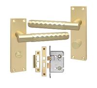 Golden Grace Knurled Diamond Cut Bathroom Lock Handle Set, Satin Brass