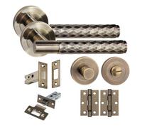 Golden Grace Knurled Diamond Cut T-Bar Bathroom Door Handle Set Thumbturn and Dead Bolt Ball Bearing Hinges Antique Brass