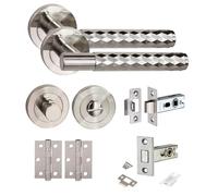 Golden Grace Knurled Diamond Cut T-Bar Bathroom Door Handle Set Thumbturn and Dead Bolt Ball Bearing Hinges Satin Nickel
