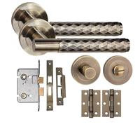 Golden Grace Knurled Diamond Cut T-Bar Bathroom Door Handle Set Thumbturn and Mortise Lock BB Hinges Antique Brass