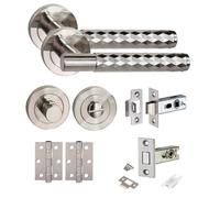 Golden Grace Knurled Diamond Cut T-Bar Bathroom Internal Door Handle Set Thumbturn And Dead Bolt Bb Hinges Satin Nickel