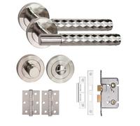 Golden Grace Knurled Diamond Cut T-Bar Bathroom Internal Door Handle Set Thumbturn And Mortise Lock Bb Hinges Satin Nickel