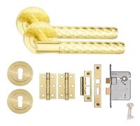 Golden Grace Knurled Diamond Cut T-Bar Door Handle Lock Set 3 Lever Mortise Lock BB Hinges Satin Brass