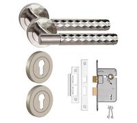 Golden Grace Knurled Diamond Cut T-Bar Lock Internal Door Handle Set 3 Lever Lock Set Satin Nickel Finish