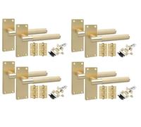 Golden Grace Knurled Door Handle Sets, Satin Brushed Brass, 4 Pairs | Includes 2.5 inch tubular latches, hinges, spindles and screws for quick setup, built from strong zinc alloy.