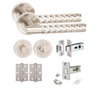 Golden Grace Knurled Hex Cut T-Bar Bathroom Door Handle Set Thumbturn and Dead Bolt Ball Bearing Hinges Satin Nickel