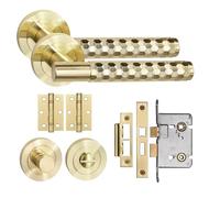 Golden Grace Knurled Hex Cut T-Bar Bathroom Door Handle Set Thumbturn and Mortise Lock BB Hinges Satin Brass