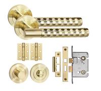 Golden Grace Knurled Hex Cut T-Bar Bathroom Internal Door Handle Set Thumbturn And Mortise Lock Bb Hinges Satin Brass