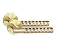 Golden Grace Knurled Hex Cut T-Bar Door Handles, 1 Pair Satin Brass | Includes spindle and screws for quick installation, mounted on a 52mm round rose with a durable metal construction.