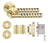 Golden Grace Knurled Hex Cut T-Bar Internal Door Handle Lock Set 3 Lever Mortise Lock Bb Hinges Satin Brass